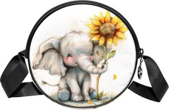 Generic Circle Crossbody Bag for Women, Elephant Sunflower Small Sling Bag Daypack with Zipper Adjustable Shoulder Straps Casual Ladies Girls Round Purse