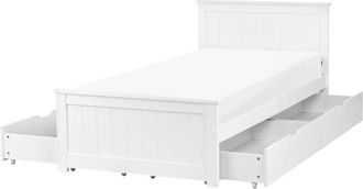 Beliani Bed Frame White Pine Wood MDF EU Single Size 3ft Headboard with Drawers Minimalist SABRAN