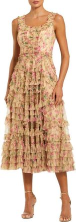 Mac Duggal Floral Printed Sleeveless Ruffle Midi Dress in Beige Multi at Nordstrom, Size 16