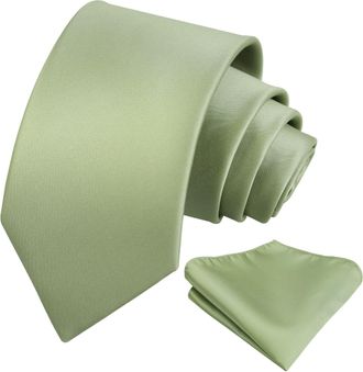 Alizeal Mens 8cm Solid Color Necktie and Hanky Classic Business Formal Tie with Pocket Square Set, Sage Green