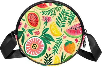 Generic Circle Crossbody Bag for Women, Tropical Fruit Printing Small Sling Bag Daypack with Zipper Adjustable Shoulder Straps Casual Ladies Girls Round Purse