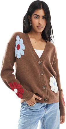 Daisy Street Cardigan marrone con fiori multicolore e scollo a V