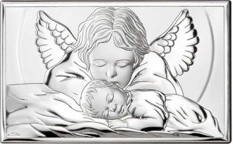 OEM Cuadro Plateado Con &Aacute;ngel De La Guarda, Recuerdo De Bautismo, Comuni&oacute;n, Cumplea&ntilde;os 81288 11 X 6,5 Cm