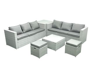 Fimous Rattan Garden Outdoor Furniture Set 8 Seater Rattan Garden Sofa Set with 2 Small Footstool Side Table Light Grey Mixed