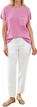 Tribal Dolman Short Sleeve Ribbed Knit Top In Wisterio