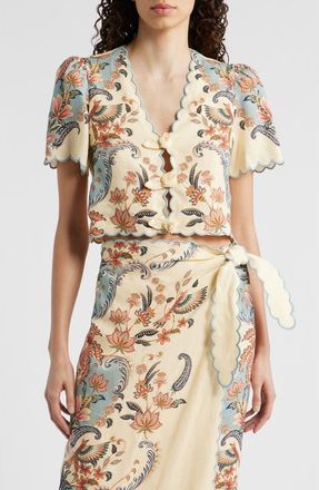 Farm Rio Boho Beauty Scallop Edge Linen Top in Boho Beauty Butter at Nordstrom, Size X-Large