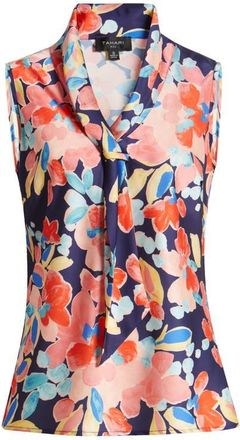 Tahari by ASL Floral Sailor Tie Neck Sleeveless Top in Navy Coral Floral at Nordstrom, Size Small