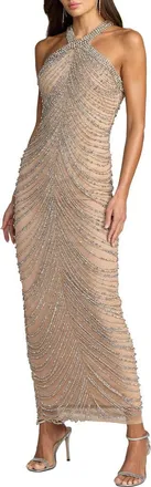 Mac Duggal Halter Neck Embellished Maxi Dress in Nude Silver at Nordstrom, Size 12