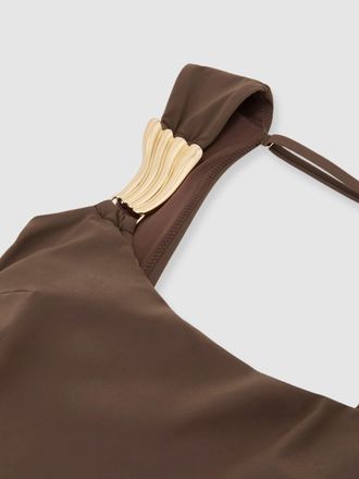 Reiss Womens Amelie Mocha Brown Hardware-detail Square-neck Swimsuit, 10