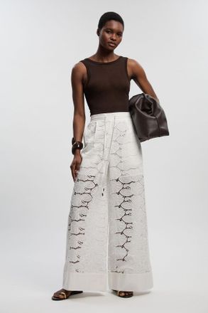 Karen Millen Womens Cotton Cutwork Panelled Woven Wide Leg Trouser - White - Size 14 UK