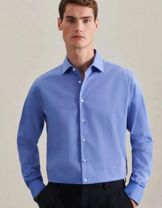 Seidensticker Seidensticker Mens Shaped Fit No Iron Kent Collar Business Shirt Mid Blue - Size: Regular/44