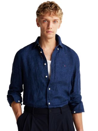Tommy Hilfiger Mens Long Sleeve Casual Linen Button Down in Regular Fit, Night Sky, Large