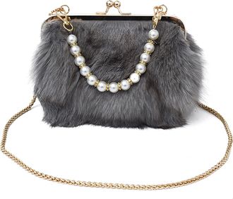 Generic Stylish Crossbody Bag with Pearl Chain Trendy Sling Bag Solid Color All-Match Evening Clamp Bag Travel Date Shopping Clutch (Grey)