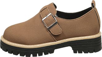 Generic Khaki Women Relaxed Casual British Style Versatile Round Headed Metal Square Buckle Shoes with Sponge Cake Thick Sole Deep Mouth and Durable Construct