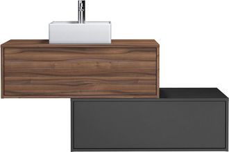 Vente-Unique Mueble flotante de ba&ntilde;o en tonos naturales oscuros y antracita con lavabo - 94 cm - TEANA II