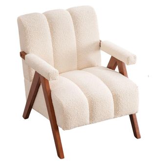 Urban Meuble Sill&oacute;n retro de tela boucl&eacute; beige con patas de roble macizo