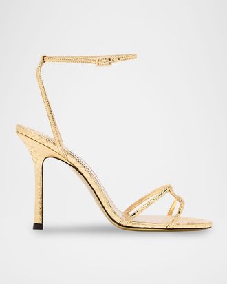 Jimmy Choo London Snake-Embossed 1998 Leo Metallic Leather Ankle-Strap Sandals