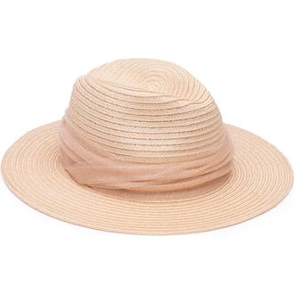 Eugenia Kim Ruched Tulle Wide Brim Packable Straw Fedora in Blush at Nordstrom Rack