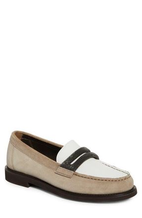 Brunello Cucinelli Monili Trim Mixed Media Penny Loafer in C5859 Dark Beige at Nordstrom, Size 6Us