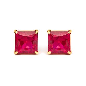 House of Brilliance 18K Yellow Gold 7x7 MM Created Red Ruby Princess Cut Solitaire Stud Earrings