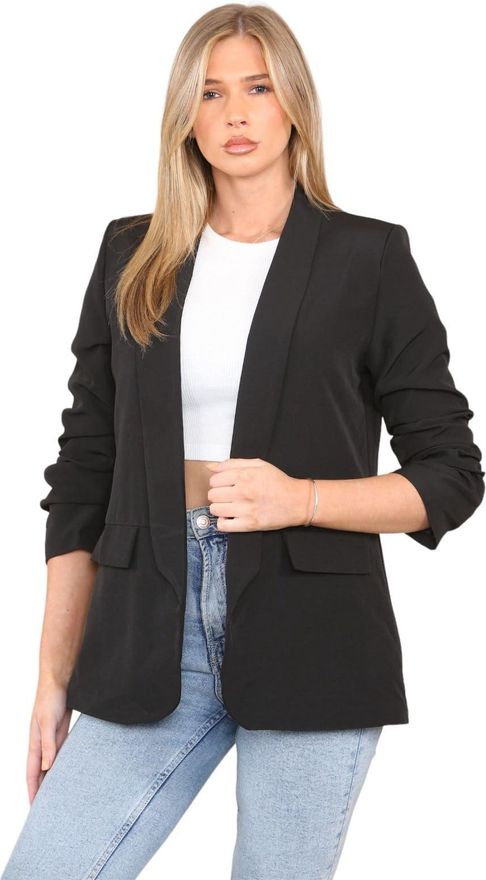 Janisramone Ruched Sleeve Blazers Jackets for Women UK, Plain Fully Lined Womens Jackets Cardigan with Front Pockets, Stylish Open Collared Work Suit Jacket, Ladi from £27.49