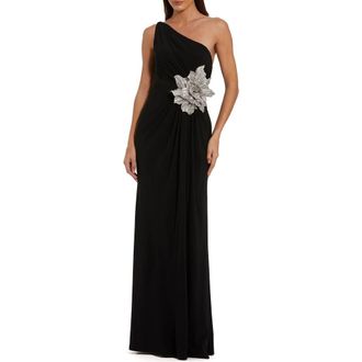 Mac Duggal Jersey One Shoulder Gown With Rhinestone Flower in Black at Nordstrom, Size 12