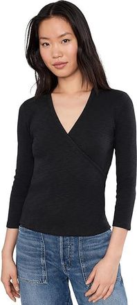 Lilla P Ribbed Slub 3/4 Sleeve Surplice Womens Clothing Black : MD, Cotton