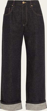 Brunello Cucinelli Dark-Wash Wide-Leg Cuffed Jeans