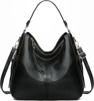 Generic Hobo Bag Leather Women Handbags Female Leisure Shoulder Bags Fashion Purses Vintage Bolsas Large Capacity Tote(Black)