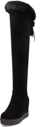 Generic Womens Over-The-Knee Boots In Suede-Like Material With Wedge Heel Faux Fur Trim Drawstring Closure Round Closed Toe Soft Inner Lining Durable Outsole,
