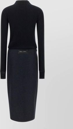 Pinko ribbed high-neck long-sleeve pinstripe asymmetric wrap midi dress