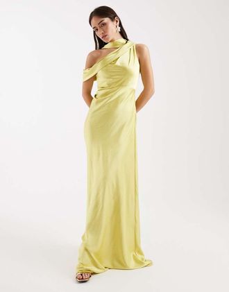 Six Stories Vestito lungo monospalla da cerimonia in raso color chartreuse con drappeggio-Verde