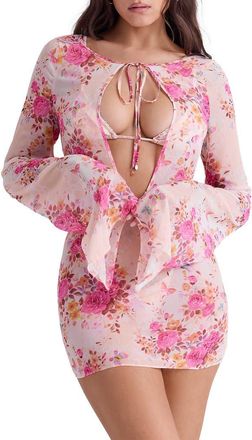 House of CB Oceana-A Sheer Long Sleeve Cover-Up Minidress in Floral Print at Nordstrom, Size X-Small A