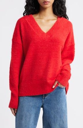 BP. Fuzzy V-Neck Sweater in Red Salsa at Nordstrom Rack, Size Medium