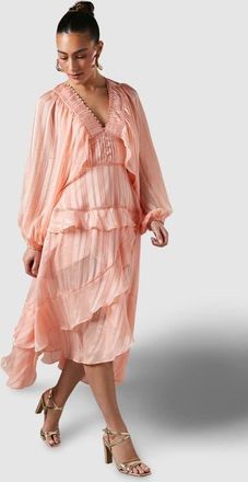 Coast Blouson Sleeve Frill Midi Dress in Apricot at Nordstrom, Size 10