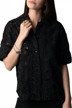 Odeeh Embroidered Organza Short Sleeve Shirt In Jet Blk