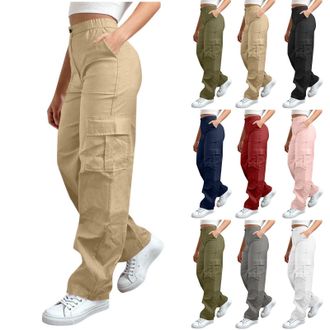 Generic Womens Straight Leg Pants Cargo Trousers Elastic Waist Pants Tracksuit Activewear Women Baggy Wide Leg Casual Work Trousers Elasticated Waist Jogging 