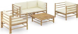 vidaXL Set De Muebles De Jard&iacute;n 5 Piezas Bamb&uacute; Y Cojines Blanco Crema Vidaxl