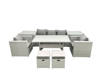 Fimous Garden Dining Set Outdoor Rattan Furniture Set with Sofa Dining Table 2 Chairs 2 Small Footstools 2 Side Tables Light Grey Mixed