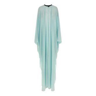Tom Ford Kleedjes, Dames, Blauw, ONE Size, Leer, Zijden Georgette Kaftan met Ronde Hals en Lederen Details
