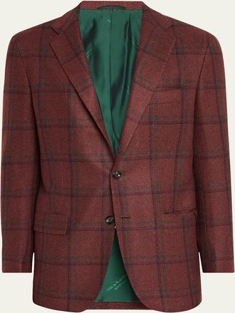 Kiton Mens Windowpane Cashmere-Silk Sport Coat