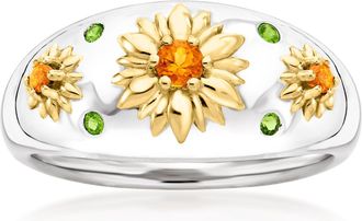 Ross-Simons Chrome Diopside and. Citrine Flower Ring in Sterling Silver With 18kt Gold Over Sterling