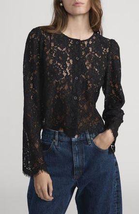 Frame Denim Sheer Crop Organic Cotton Blend Eyelash Lace Button-Up Shirt in Black at Nordstrom Rack, Size Medium