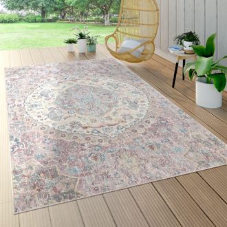Paco Home Paco Home - Alfombra Pelo Corto Balc&oacute;n Terraza, Exterior Interior, Estampado Oriental Rosa &Oslash; 200 Cm Redondo