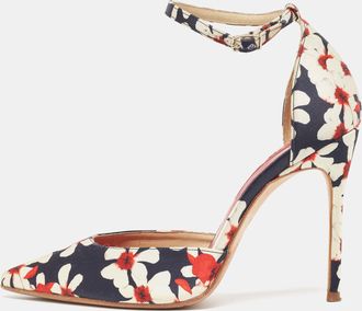 Carolina Herrera Tricolor Floral Print Satin Ankle Strap Pumps