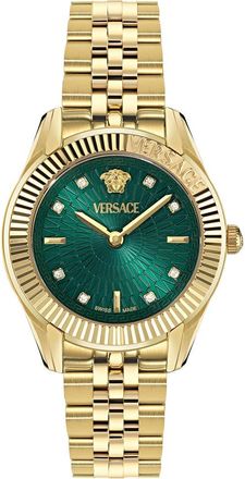 Versace Greca Time Diamond Bracelet Watch, 30mm in Ip Yellow Gold/Green at Nordstrom