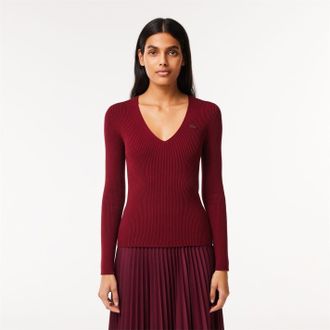 Lacoste Womens V-Neck Slim Fit Sweater in Zin - Red - Size 6 UK