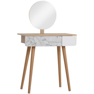 HOMCOM Homcom Tavolo Da Trucco Con Specchio Circolare E Cassetto, Bianco E Rovere