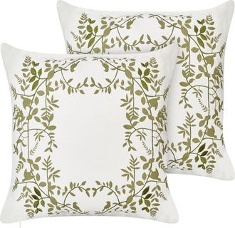Beliani Beliani - Conjunto De 2 Cojines De Tela De Algod&oacute;n Hecho A Mano Con Motivo Floral Blanco Y Verde 45 X 45 Cm Zaleya
