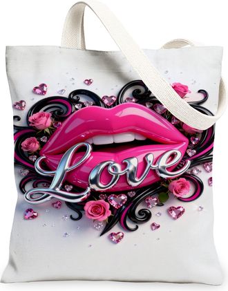 Generic Romantic Floral Canvas Tote Bags, Heart Lips Design Reusable Grocery Bags, Lightweight Washable Shoulder Strap Canvas for T, White, 13x15 Inch